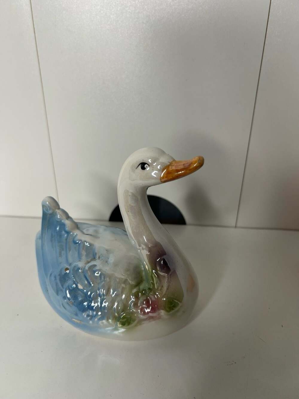 Vintage Iridescent Ceramic Swan Figurine Planter with Blue and Floral Details